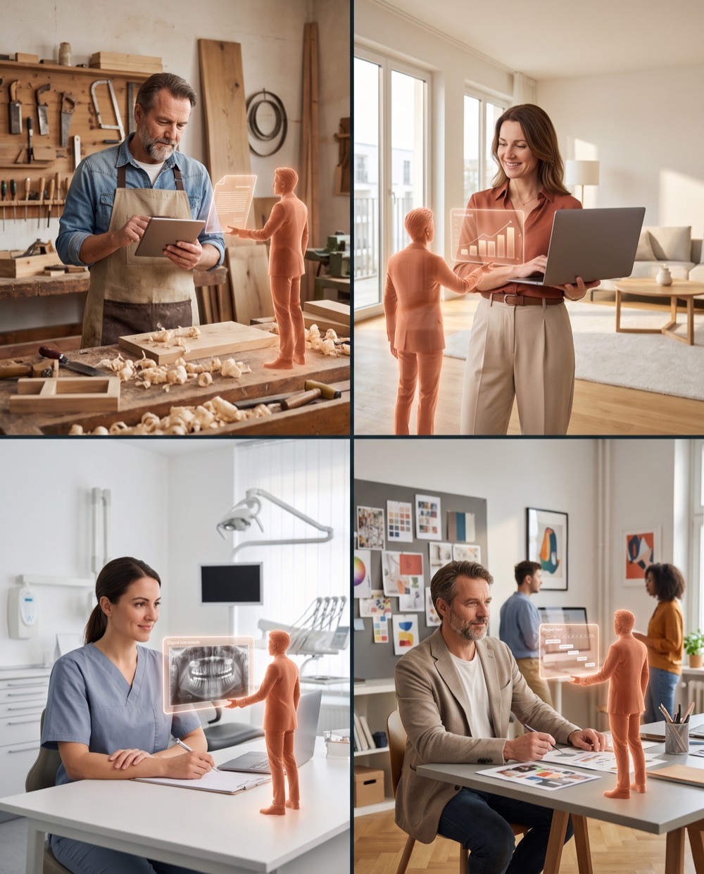 Vier Unternehmer bei der Arbeit: ein Schreiner in der Werkstatt, eine Maklerin, eine Zahnärztin und ein Agenturchef, jeweils mit einem leuchtenden KI-Helfer